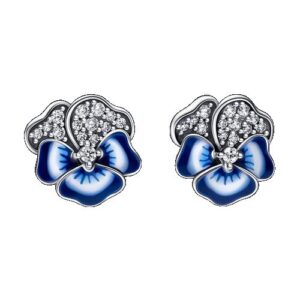 Blue Pansy Flower Stud Earrings