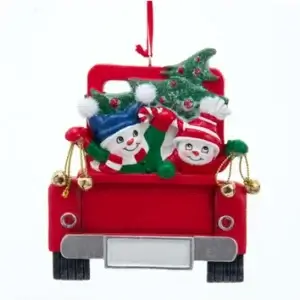 SNOWMAN COUPLE IN RED TRUCK ORN