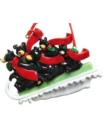 FAM OF 5 BLK BEAR ON SLED ORN